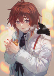 Rule 34 | 1girl, :d, aketa mikoto, bottle, breath, brown hair, chain, chain necklace, commentary, fingernails, highres, holding, holding bottle, idolmaster, idolmaster shiny colors, interlocked fingers, jacket, jewelry, long sleeves, multicolored eyes, nail polish, necklace, open mouth, otsudou, own hands together, padded jacket, smile, solo, upper body, white jacket