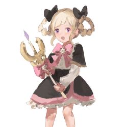 1girl aged_down black_capelet braid braided_hair_rings braided_twintails brinaa_sama capelet child elise_(fire_emblem) elise_(sparkling_smile)_(fire_emblem) fire_emblem fire_emblem_fates fire_emblem_heroes flower flower_brooch hair_rings highres holding holding_staff nintendo rose staff white_flower white_rose