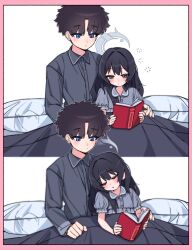 Rule 34 | 1boy, 1girl, absurdres, alternate costume, alternate hairstyle, bed, black hair, blanket, blue archive, blue eyes, blush, book, brown hair, closed eyes, falling asleep, grey eyes, grey halo, halo, highres, je o mo, kisaki (blue archive), on bed, pajamas, pillow, reading, sensei (blue archive), sensei (blue archive the animation), sleepy, squeans