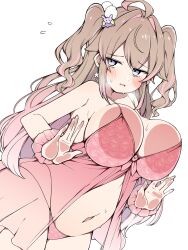 1girl absurdres against_fourth_wall against_glass ahoge arched_back averting_eyes blush breast_press breasts breasts_on_glass brown_hair character_request chemise colored_inner_hair commentary_request copyright_request curtains curvy earrings embarrassed flower_earrings flying_sweatdrops front_slit hair_intakes hair_ornament highres jewelry kuma_no_bansoukou large_breasts lingerie long_hair looking_at_viewer multicolored_hair narrow_waist navel nervous_sweating pink_chemise pink_hair pom_pom_(clothes) pom_pom_hair_ornament purple_eyes scrunchie see-through_chemise see-through_clothes see-through_curtains sideways_glance simple_background solo stomach streaked_hair sweat thick_thighs thighs two_side_up underwear white_background wide_hips wrist_scrunchie