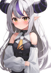 1girl absurdres ascot bare_shoulders black_horns braid closed_mouth detached_sleeves highres hololive horns la+_darknesss multicolored_hair nikahoshikuzu pointy_ears purple_hair simple_background solo streaked_hair striped_horns virtual_youtuber white_background white_sleeves yellow_ascot yellow_eyes