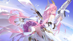 1girl absurdres ass boots day detached_sleeves dorothy_(nikke) dress feathers goddess_of_victory:_nikke gun high_heel_boots high_heels highres holding holding_gun holding_weapon long_hair mechanical_wings outdoors panties pink_hair purple_eyes ribao smile solo underwear very_long_hair weapon white_dress white_panties wings