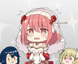 1boy 2girls alcryst_(fire_emblem) blonde_hair blue_hair bridal_gauntlets bridal_veil bride chibi chibi_only citrinne_(fire_emblem) collared_halterneck dress fire_emblem fire_emblem_engage fire_emblem_heroes flower gold_choker gold_trim hairband komurice lapis_(fire_emblem) lapis_(mighty_bride)_(fire_emblem) multiple_girls nintendo official_alternate_costume pink_hair red_eyes red_flower red_rose rose solo_focus two-tone_hairband veil wedding_dress wedding_suit white_bridal_gauntlets white_hairband yellow_hairband