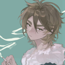 Rule 34 | 1boy, absurdres, brown hair, cigarette, commentary request, fur-trimmed jacket, fur trim, green background, green jacket, hair between eyes, highres, holding, holding cigarette, isoi reiji, jacket, looking at viewer, male focus, mimutsu, portrait, saibou shinkyoku, sanpaku, short hair, simple background, smoke, solo, thick eyebrows