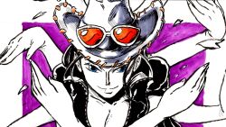 1girl blue_eyes commentary cowboy_hat devil_fruit_power english_commentary extra_arms hat highres long_hair looking_at_viewer maeca_art nico_robin one_piece orange-tinted_eyewear petals purple_background short_sleeves sidelocks simple_background smile solo tinted_eyewear upper_body