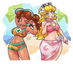 baseball_cap bikini blonde_hair blue_eyes blush brown_hair dark-skinned_female dark_skin earrings flower flower_earrings flower_necklace hair_flower hair_ornament hat highres jewelry long_hair mario_(series) navel necklace nintendo one_eye_closed pink_bikini ponytail princess_daisy princess_peach sarong short_shorts shorts sketchytodd sphere_earrings sports_bra sunglasses swimsuit v wide_hips