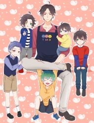 6+boys :d :o :q aged_down ahoge amayado_rei ankle_socks antenna_hair apron aqua_hair bandage_on_knee bent_v black_apron black_hair black_shoes blue_eyes blue_jacket blue_pants blue_shirt blue_shoes blue_shorts blush brothers brown_shorts buster_bros!!! carrying child child_carry closed_eyes clothes_grab collarbone collared_shirt converse curtained_hair dot_nose dotsuitare_hompo dress_shoes family figure_four_sitting frown full_body furrowed_brow green_eyes grey_eyes grey_pants hair_between_eyes hair_slicked_back hand_on_another&#039;s_shoulder hands_on_another&#039;s_leg hands_on_own_knees heterochromia highres hypnosis_mic invisible_chair jacket knees layered_shirt layered_sleeves leaning_on_person legs_together loafers long_sleeves looking_at_another looking_at_viewer looking_to_the_side loose_hair_strand m_legs mole mole_under_eye mole_under_mouth multicolored_hair multiple_boys multiple_moles nurude_sasara open_mouth orange_socks outline owl_print pants parted_lips partially_unbuttoned patterned_background pink_background plaid_clothes plaid_shirt print_apron purple_hair raised_eyebrows red_eyes red_shirt red_shoes scar scar_across_eye scar_on_face shirt shoes short_hair shorts siblings sitting sleeves_pushed_up smile sneakers socks standing straight-on striped_clothes striped_shirt sweater time_paradox toddler tongue tongue_out tsutsujimori_rosho unamused unmoving_pattern v v-shaped_eyebrows vest waistcoat white_outline white_pants wispy_bangs yamada_ichiro yamada_jiro yamada_saburo yellow_eyes yellow_shirt yellow_sweater yona1030