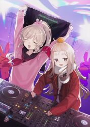 2girls animal armband arms_up astg bangs_pinned_back black_sailor_collar blonde_hair blush brown_hair character_request charm_(object) closed_eyes commentary_request dj fang food food_on_head fruit fruit_on_head highres holding holding_shirt holding_unworn_clothes long_hair long_sleeves looking_at_viewer multiple_girls natori_sana natori_sana_(school_uniform) neckerchief object_on_head open_mouth orange_(fruit) phonograph rabbit red_armband red_neckerchief safety_pin sailor_collar sana_channel scarf shirt skin_fang sleeves_past_wrists sweat turntable unworn_shirt very_long_hair virtual_youtuber