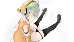 1girl absurdres ahoge bare_shoulders bed black_panties black_thighhighs blush breasts chunithm detached_sleeves feet from_above full_body green_hair headphones highres kisaragi_yaya looking_at_viewer looking_back mouth_hold navel no_bra orange_eyes orange_headphones orange_shirt orange_sleeves panties panty_pull ribbon ribbon_in_mouth shirt short_hair sitting sky_feather_(chunithm) sleeveless small_breasts socks solo spread_legs thighhighs thighs underwear undressing white_background white_ribbon