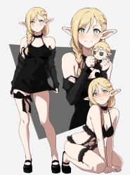 Rule 34 | 1girl, :/, absurdres, alternate costume, arms between legs, black choker, black dress, black negligee, black shoes, blonde hair, blush, bright pupils, chain, character doll, choker, commentary, detached sleeves, doll, dress, dungeon meshi, elf, green eyes, highres, holding, holding doll, kekel, kneeling, light frown, long pointy ears, marcille donato, mary janes, multiple views, navel, no socks, pointy ears, shoes, smile, stuffed toy, thigh strap, thighs, white pupils