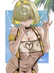 Rule 34 | 1girl, absurdres, ahoge, blonde hair, blush, breasts, clothing cutout, elegg (boom and shock) (nikke), elegg (nikke), goddess of victory: nikke, hair intakes, hair over eyes, heart cutout, highres, large breasts, long bangs, looking at viewer, multicolored hair, navel, nipple slip, nipples, parted lips, purple eyes, rabbit ornament, see-through slingshot swimsuit, shiny skin, short hair, slingshot swimsuit, smile, solo, standing, swimsuit, taiyang yu, teeth, two-tone hair, yellow slingshot swimsuit