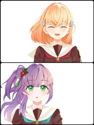 Rule 34 | 2girls, ^ ^, aqua neckerchief, brown dress, cerise bouquet, closed eyes, commentary request, crossed bangs, dress, facing viewer, flower, green eyes, hair bun, hair flower, hair ornament, hasu no sora school uniform, highres, hikari wind0919, hinoshita kaho, link! like! love live!, long hair, long sleeves, looking at viewer, love live!, lyrics, medium hair, multiple girls, neckerchief, open mouth, orange hair, otomune kozue, purple hair, rabbit hair ornament, red flower, red neckerchief, reflection in the mirror (love live!), sailor collar, sailor dress, school uniform, side ponytail, sidelocks, single side bun, smile, two side up, virtual youtuber, white background, white sailor collar, winter uniform