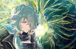 1boy absurdres anaxa_(honkai:_star_rail) aqua_hair black_jacket blue_eyes closed_mouth eyepatch fingerless_gloves gloves head_rest highres holylamentation honkai:_star_rail honkai_(series) jacket looking_to_the_side male_focus medium_hair one_eye_covered pink_pupils side_ponytail solo upper_body