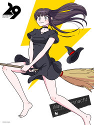 1girl 30girl.com artist_name barefoot black_choker black_dress black_eyes black_hair black_hat breasts broom broom_riding choker cleavage collarbone copyright_name dated dress feet floating_hair hat highres kawai_shingo lightning_bolt_symbol long_hair pointy_hat solo toes unworn_hat unworn_headwear witch_hat