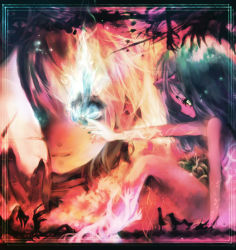 2girls demon_girl fire glowing glowing_eyes green_hair horns light_smile long_hair multiple_girls onineko original portrait profile sitting