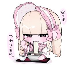 1girl :3 @_@ black_eyes blonde_hair blunt_bangs blush bonnet bowl chibi chibi_only chopsticks closed_mouth cropped_torso drill_hair eating food frilled_bonnet frilled_shirt frills half-closed_eyes highres holding holding_chopsticks lolita_fashion long_hair long_sleeves noodles original shirt sidelocks simple_background slurping smile soba solo taida_neko translation_request twin_drills upper_body white_background white_shirt wide_sleeves