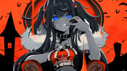 +_+ .live 1girl absurdres barbed_wire bat_background black_collar black_nails blue_eyes chair coat collar crown unworn_crown finger_to_mouth fur-trimmed_coat fur_trim grin halloween highres holding holding_crown kakyouin_chieri king_(vocaloid) long_hair looking_at_viewer nail_polish orange_background orange_theme red_theme smile solo song_name teeth throne two_side_up user_jhhp7477 virtual_youtuber vocaloid