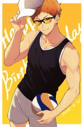 1boy aged_up ball black_tank_top border bright_7wt closed_mouth commentary_request haikyuu!! happy_birthday highres hinata_shouyou holding holding_ball looking_at_viewer male_focus orange_eyes orange_hair outside_border short_hair shorts solo tank_top tinted_eyewear volleyball_(object) white_border white_shorts yellow-tinted_eyewear yellow_background