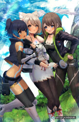 3girls animal_ears bare_shoulders blue_hair blue_sky boots breasts brown_hair cat_ears crop_top dark-skinned_female dark_skin elbow_gloves eunie_(xenoblade) fingerless_gloves gloves grass kamaniki long_hair long_sleeves medium_hair mio_(xenoblade) multiple_girls pants sena_(xenoblade) short_hair shorts side_ponytail skirt sky sleeveless white_hair wings xenoblade_chronicles_(series) xenoblade_chronicles_3 yellow_eyes