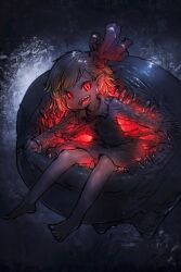 1girl barefoot blonde_hair commentary_request darkness highres looking_at_viewer monster pointy_ears red_eyes rumia sharp_teeth short_hair smile solo teeth touhou yst