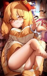1girl absurdres aris_(blue_archive) artist_request black_choker blonde_hair blue_archive blush character_request check_artist choker commentary_request cuffs feet female_pervert from_above furrowed_brow hair_between_eyes half-closed_eyes highres horns hoshino_(blue_archive) inset jacket kisaki_(blue_archive) koharu_(blue_archive) korean_commentary legs legs_up loli long_sleeves looking_at_viewer lying mase_(hwangabi) medium_hair multicolored_jacket nervous_sweating on_back original panties pantyshot pervert poster_(object) puffy_long_sleeves puffy_sleeves red_horns shoes single_bare_foot single_shoe sneakers solo striped_clothes striped_jacket surps sweat thighs underwear vertical-striped_clothes vertical-striped_jacket white_jacket white_panties yellow_eyes yellow_jacket yellow_shoes