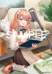 1girl belt black_bow black_skirt book bow bow_legwear bshi_edayo holding holding_book igarashi_rika indoors long_sleeves looking_at_viewer multicolored_hair nijisanji official_art open_mouth orange_hair orange_slippers sample_watermark sitting skirt slippers smile socks solo streaked_hair two-tone_skirt virtual_youtuber wariza watermark white_belt white_hair white_skirt white_socks