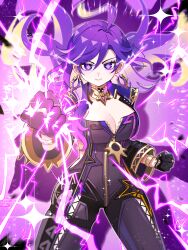 1girl absurdres ahoge alternate_eye_color alternate_hair_color biker_clothes bikesuit black_bodysuit black_gloves bodysuit breasts cleavage closed_mouth commentary_request earrings genshin_impact gloves hair_between_eyes highres jewelry large_breasts long_hair long_sleeves looking_at_viewer mavuika_(genshin_impact) oishii_sasa palette_swap purple_eyes purple_hair smile solo symbol_in_eye very_long_hair