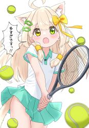 1girl :o ahoge animal_ears aqua_skirt artist_name ball bare_arms blush bow cat_ears cat_girl cat_tail commentary cowboy_shot fish_hair_ornament flat_chest green_eyes hair_bow hair_ornament hair_tubes hazakura_hinata heterochromia highres holding_tennis_racket kurumi_(hazakura_hinata) long_hair looking_at_viewer miniskirt no_panties original pleated_skirt polo_shirt racket shirt short_sleeves skirt solo speech_bubble sportswear tail tail_under_clothes tennis tennis_ball tennis_racket tennis_uniform white_shirt yellow_bow yellow_eyes