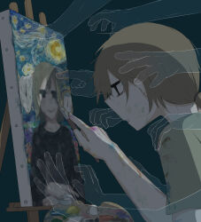 1boy 6+others absurdres avogado6 black_eyes brown_eyes brown_hair canvas_(object) commentary disembodied_hand easel fine_art_parody fingerprint from_side half-closed_eyes hand_on_another&#039;s_shoulder hand_up highres holding holding_paint_palette holding_paintbrush holding_paint_palette index_finger_raised long_hair looking_at_object low_ponytail mona_lisa multiple_others original paint_on_clothes paint_on_fingers paint_palette paint_stains paintbrush painting_(action) painting_(object) paint_palette parody parted_lips pointing ponytail profile reaching solo starry_night sweat symbolism the_persistence_of_memory transparent upper_body