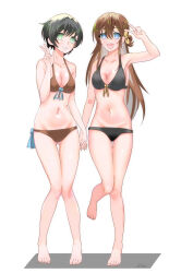 2girls absurdres arihara_tsubasa barefoot bikini black_bikini black_hair blue_eyes breasts brown_bikini brown_hair cinderella_series cleavage full_body gluteal_fold green_eyes hachigatsu_no_cinderella_nine hair_between_eyes highres holding_hands kawakita_tomoe long_hair lowleg lowleg_bikini medium_breasts multiple_girls short_hair side-tie_bikini_bottom simple_background standing sting_aniki swimsuit thigh_gap v white_background