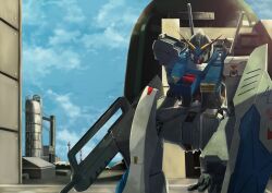 aqa beam_rifle blue_sky cloud energy_gun green_eyes gundam gundam_0080 gundam_alex hangar highres kneeling machinery mecha mecha_focus mobile_suit open_hatch robot science_fiction shield silo sky v-fin weapon