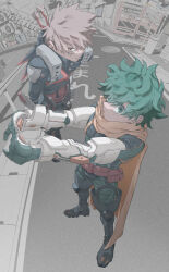 2boys absurdres bakugou_katsuki boku_no_hero_academia cape commentary facial_scar freckles green_eyes green_hair highres midoriya_izuku multiple_boys pakupaku_keema red_eyes scar scar_on_cheek scar_on_face short_hair spiked_hair superhero_costume