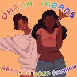 2girls :d black_eyes black_hair blue_pants breasts brown_hair cleavage collarbone commentary cropped_shirt dark-skinned_female dark_skin denim dual_persona earrings english_commentary english_text groin hair_bun hand_on_own_head hoop_earrings hrlshnv jeans jewelry lilo_&amp;_stitch lilo_&amp;_stitch_(2025) long_hair looking_to_the_side multiple_girls nani_pelekai open_hand open_mouth orange_background pants pink_shirt shirt single_hair_bun smile sparkle sweater white_sweater