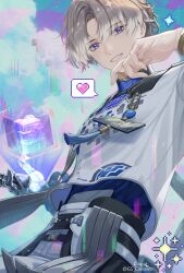 belt blue_eyes brown_hair cube emoji gs_cielowo heart highres id_card looking_at_viewer mechanical_arms single_mechanical_arm smile wuthering_waves xiangli_yao_(wuthering_waves)