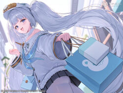 Rule 34 | 1girl, artist request, azur lane, bag, bare shoulders, black skirt, blue bag, dmitri donskoi (azur lane), fang, floating hair, from behind, highres, holding, holding bag, long hair, long sleeves, looking at viewer, off shoulder, official art, open mouth, outdoors, pantyhose, second-party source, shopping bag, skirt, smile, solo, twintails, very long hair, white bag, white pantyhose, wide sleeves, world of warships