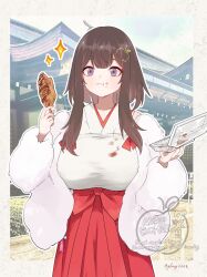 1girl absurdres artist_name border box breasts brown_hair center-flap_bangs chewing commentary_request food food_on_face glassy0302 hakama highres holding holding_box holding_food japanese_clothes kuraishi_rinngo large_breasts long_hair original outline outside_border photo_background purple_eyes red_skirt skirt solo sparkle standing twitter_username white_border white_outline