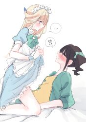 !? 2girls @_@ absurdres apron blonde_hair blue_dress blue_eyes blue_jacket blush bow bowtie brown_hair closed_mouth clothes_lift commentary dress green_bow green_bowtie heart highres jacket long_hair maid maid_apron multiple_girls nekoyashiki_mayu nekoyashiki_yuki parted_lips precure rita_(myyk_rrnyam) shirt short_sleeves side_ponytail simple_background skirt skirt_lift spoken_heart spoken_interrobang straddling sweat white_apron white_background white_headdress wonderful_precure! yellow_shirt yuri