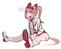 Rule 34 | 1girl, 20years, animal ears, boots, buruma, emphasis lines, flower-shaped pupils, hair intakes, hand between thighs, haru urara (umamusume), horse ears, horse girl, horse tail, horseshoe, jacket, open clothes, open jacket, open mouth, pink hair, ponytail, purple eyes, red buruma, sidelocks, sitting, smile, solo, stretching, symbol-shaped pupils, tail, umamusume, white boots, white jacket