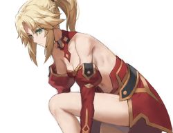1girl bare_shoulders blonde_hair braid breasts cleavage detached_sleeves dressing fate/apocrypha fate_(series) hair_ornament hair_scrunchie highres juliet_sleeves long_hair long_sleeves mordred_(fate) navel parted_bangs ponytail puffy_sleeves red_scrunchie scrunchie simple_background small_breasts solo thighhighs tonee white_background
