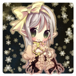 1girl arch_bishop_(ragnarok_online) black_dress blush border bow cleavage_cutout clothing_cutout commentary_request dress flower flower_in_mouth frilled_dress frilled_sleeves frills green_background green_eyes grey_hair hair_bow keimari long_hair looking_at_viewer official_alternate_costume open_mouth pink_flower ragnarok_online smile snowflakes solo two-tone_dress upper_body white_border white_bow white_dress