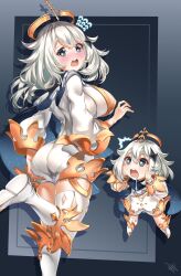 2girls absurdres acuma aged_up ass black_cape black_eyes blush boots breasts bright_pupils cape chibi commentary diamond_hair_ornament drooling eyelashes flat_chest floating flying_sweatdrops foot_out_of_frame from_behind full_body genshin_impact gradient_background grey_background halo hand_on_own_ass hand_up highres large_breasts leg_up long_hair long_sleeves looking_at_another medium_hair multiple_girls open_mouth paimon_(genshin_impact) saliva signature skindentation standing standing_on_one_leg teeth thigh_boots time_paradox white_boots white_hair white_pupils white_romper