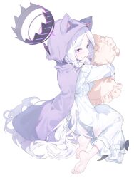 1girl absurdres alternate_costume animal_ear_hood barefoot black_bow blue_archive bow cape dress fake_animal_ears full_body halo highres hina_(blue_archive) hood hooded_cape hugging_object long_hair long_sleeves looking_at_viewer looking_back meunhongcha pillow pillow_hug purple_cape purple_eyes simple_background sitting very_long_hair white_background white_dress white_hair yokozuwari