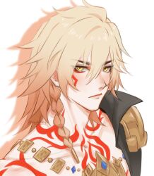 1boy aquilokey black_coat blonde_hair braid chest_tattoo coat collarbone commentary english_commentary facial_tattoo gold_necklace gradient_hair hair_between_eyes honkai:_star_rail honkai_(series) jewelry looking_at_viewer male_focus medium_hair multicolored_hair mydei_(honkai:_star_rail) necklace open_clothes open_coat red_hair red_tattoo side_braid simple_background solo tattoo upper_body white_background yellow_eyes