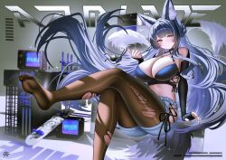 1girl absurdres alternate_costume animal_ear_fluff animal_ears azur_lane black_hair black_pantyhose blue_nails blush breasts foot_out_of_frame fox_ears fox_girl fox_tail highres large_breasts long_hair multiple_tails musashi_(azur_lane) nail_polish pantyhose short_shorts shorts soles solo tail tansuan_(ensj3875) television thighs torn_clothes torn_pantyhose very_long_hair yellow_eyes