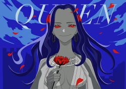 1girl absurdres blue_eyes breasts cape cleavage closed_mouth commentary_request dress earrings eyelashes floating_hair flower highres hoop_earrings jewelry long_hair looking_at_viewer nefertari_vivi one_piece red_eyes red_flower red_petals sidelocks solo upper_body user_jumm8572 wind