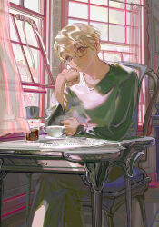 1boy absurdres blonde_hair closed_mouth crossed_legs cup curtains feet_out_of_frame glasses hand_up highres indoors long_sleeves male_focus newspaper original short_hair solo table tamomoko taro-k teacup window