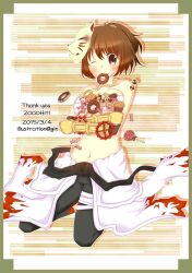 1girl belt black_belt black_gloves black_pants blush border breasts brown_background brown_eyes brown_hair candy candy_cane checkerboard_cookie chest_sarashi closed_mouth clothes_around_waist commentary_request cookie cross_of_prontera dated donut flame_print food food_in_mouth fox_mask full_body gauntlets gingerbread_man ginn0613v gloves green_border kneeling large_breasts lollipop looking_at_viewer mask mask_on_head milestone_celebration muffin navel pants ragnarok_online sarashi shirt shirt_around_waist short_hair smile solo striped_background sura_(ragnarok_online) swirl_lollipop white_background white_shirt wrapped_candy