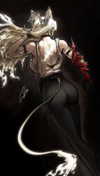 1girl ass bare_shoulders black_choker black_gloves black_horns black_pants blonde_hair breasts choker clenched_hand commentary curled_horns dark_background deka_yo earrings english_commentary fire flame-tipped_tail from_behind gloves hand_up highres horns jewelry key_earrings large_breasts long_hair median_furrow muscular muscular_female necktie necktie_around_wrists pants red_necktie revision shirt signature solo tacet_mark_(wuthering_waves) tail torn_clothes torn_shirt white_shirt wuthering_waves zani_(wuthering_waves)