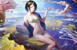 Rule 34 | 1girl, aircraft, airship, bikini, black hair, breasts, cleavage, cropped, green eyes, nababa, navel, open clothes, open shirt, original, rainbow, scenic, short hair, sky, swimsuit, umbrella, wings