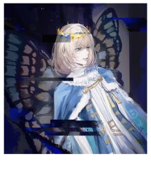 1boy absurdres arthropod_boy blonde_hair blue_eyes butterfly_wings cape crown diamond_hairband fate/grand_order fate_(series) fur-trimmed_cape fur_trim highres insect_wings long_sleeves male_focus medium_hair oberon_(fate) oberon_(first_ascension)_(fate) pppeipeipipi solo upper_body wings